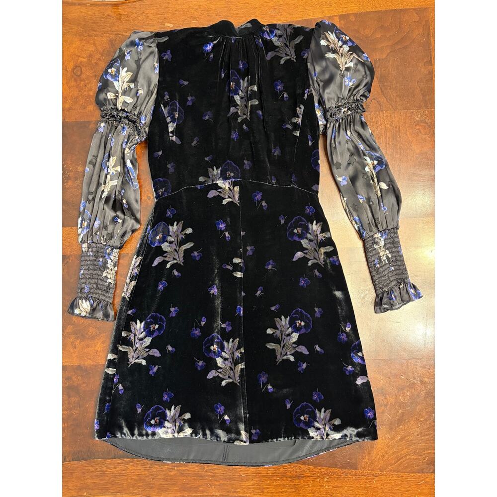 Rebecca Taylor Whimsical 4 Black Velvet Violet Pansy Puff Sleeve Cocktail Dress